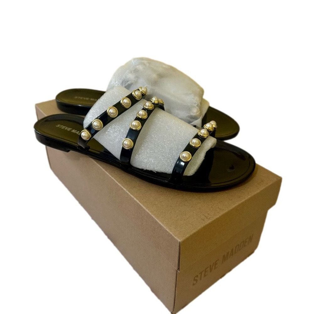 Steve Madden New Size 7 Yalsa Black Pearl Embellishment Jelly Flat Sandals‎